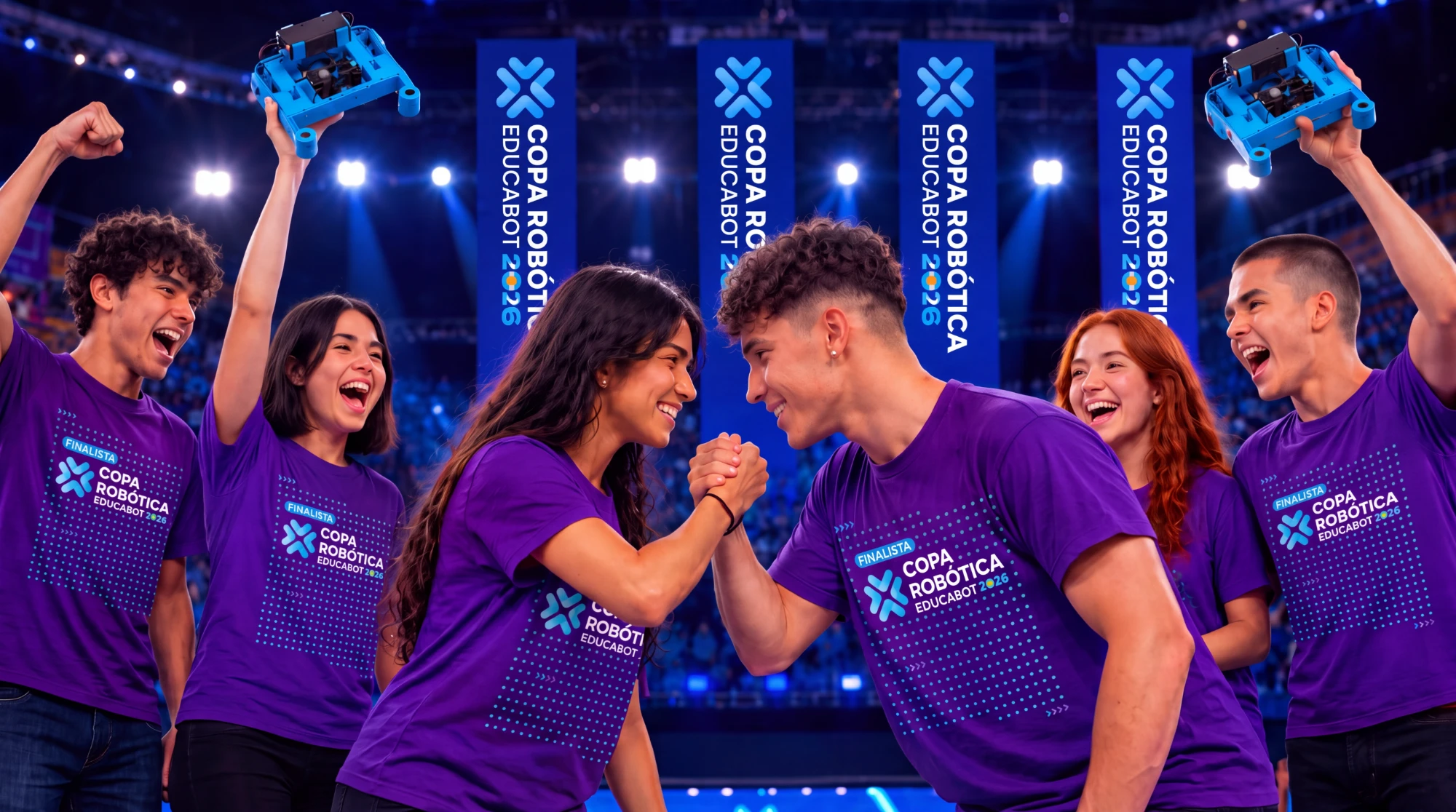 Equipos finalistas de la Copa Robótica Educabot 2026 chocando las manos en el escenario de la arena